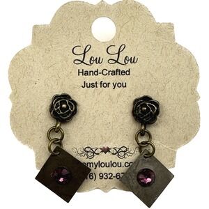 Handmade Purple Swarovski‎ Crystal Bronze Metal Flower Drop Earrings Geometric